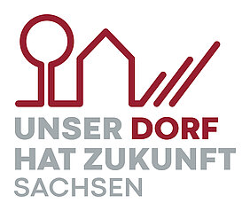 Logo mit angedeutetem Haus und einem Baum, darunter der Schriftzug "Unser Dorf hat Zukunft Sachsen"
