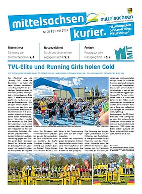 Titelseite des Mittelsachsenkuriers mit einem redaktionellen Text und einem Hauptfoto mit Laufenden in Sportkleidung und drei weiteren Fotos mit verschiedenen Personen auf Siegerpodesten.